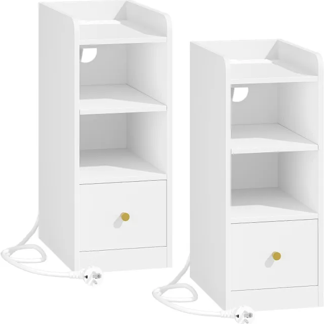 PRIMO HOME Prime Home Nachtkastje - Nachtkastjes set van 2 - Bijzettafel - Opbergkastje - Met oplaadstation - USB- en Type-C poort - 3-laags opbergruimte - 1 lade - 38 x 24 x 60cm - Wit