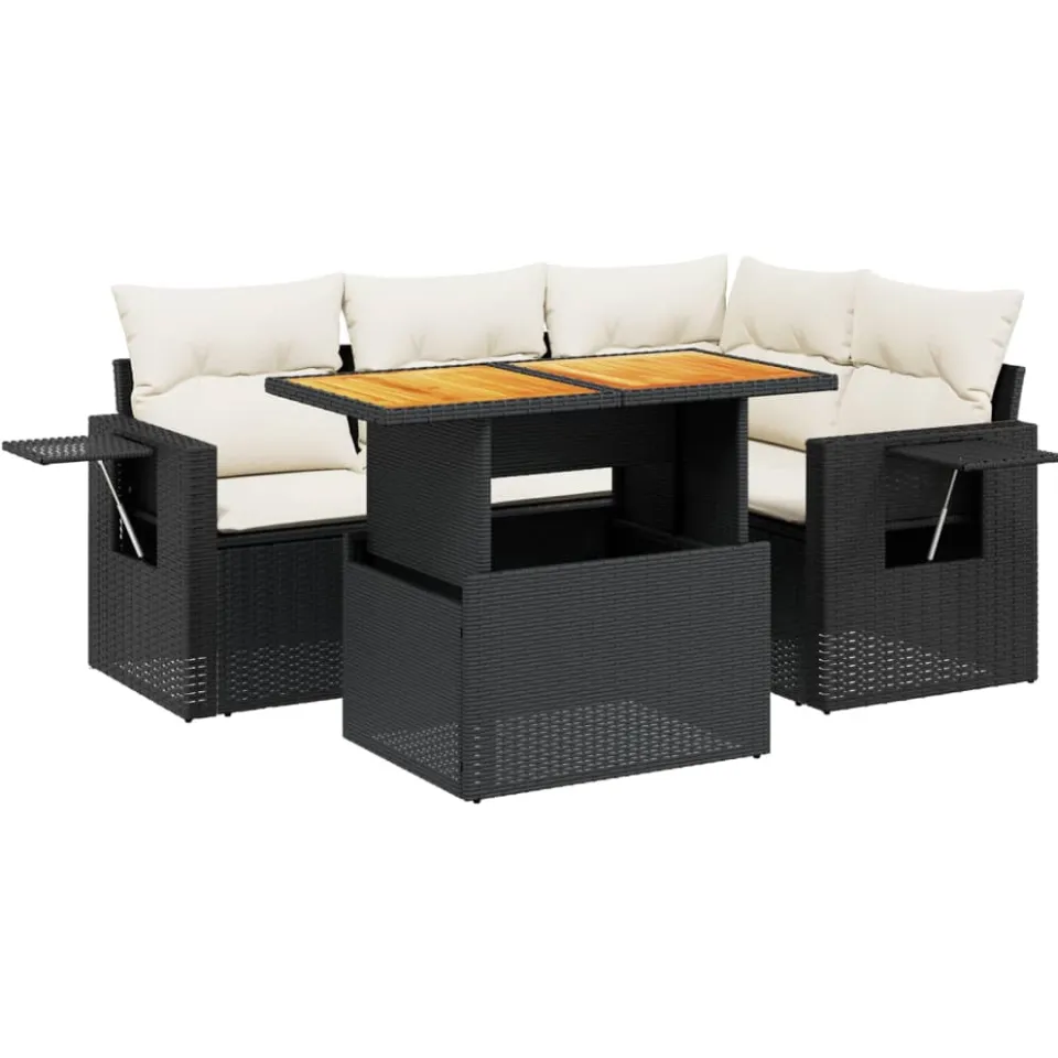 vidaXL 5-delige Loungeset met kussens poly rattan zwart