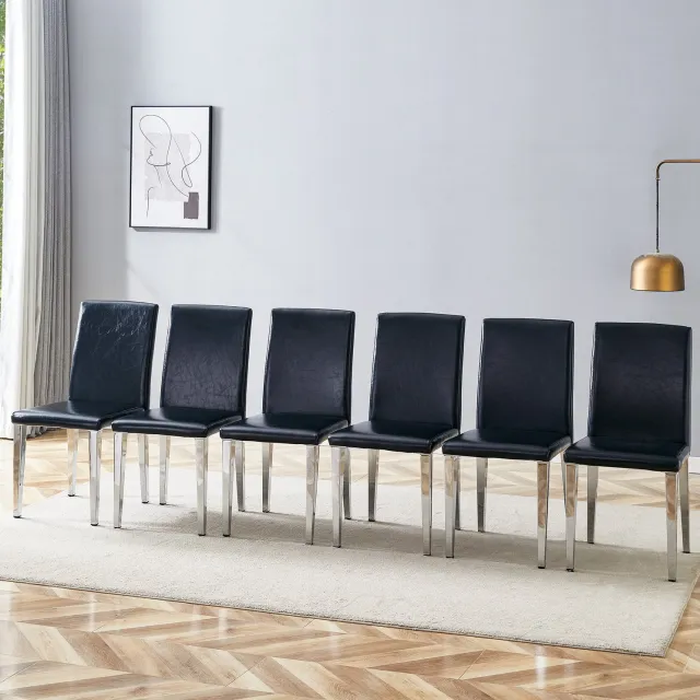 DESMIU Eetkamerstoel - Set Van 6 - Gewatteerde Zitting En Ergonomische Rugleuning - Voor Eetkamer En Woonkamer - Kunstleer Metaal - Zwart Zilver