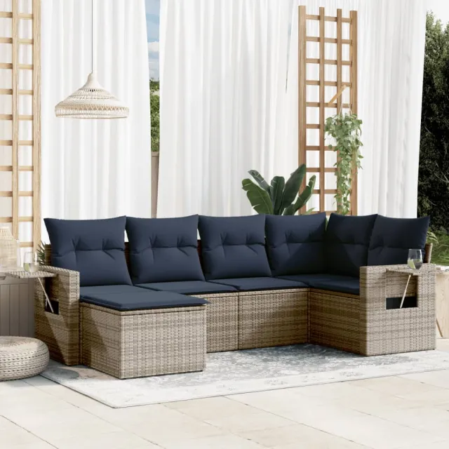 vidaXL 6-delige Loungeset met kussens poly rattan grijs, foto 2