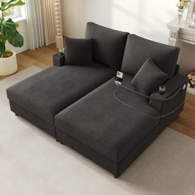HAUSS SPOLE Bank - Dubbelslaapbank Relax - 2-zits - Slaapfunctie, USB-C & Draaibare Telefoonhouder - 163x140x82 cm - Voor Woonkamer - Cordstof Grijs