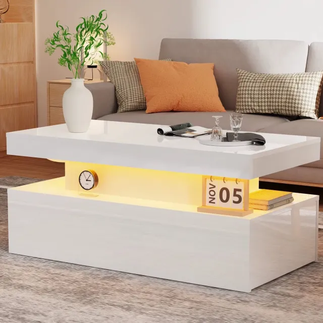 Whoopr® Witte Hoogglans Salontafel met LED RGB-Verlichting – Rechthoekige Salontafel met 2 Laden – Moderne Woonkamertafel met Opbergruimte – Wit