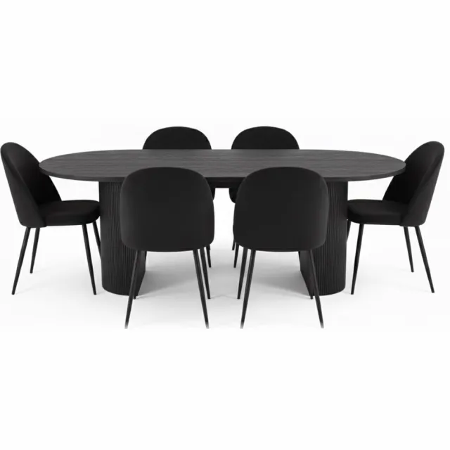 House Nordic Kyoto eethoek eettafel donkerbruin, 6 stoelen met zwarte velours bekleding.