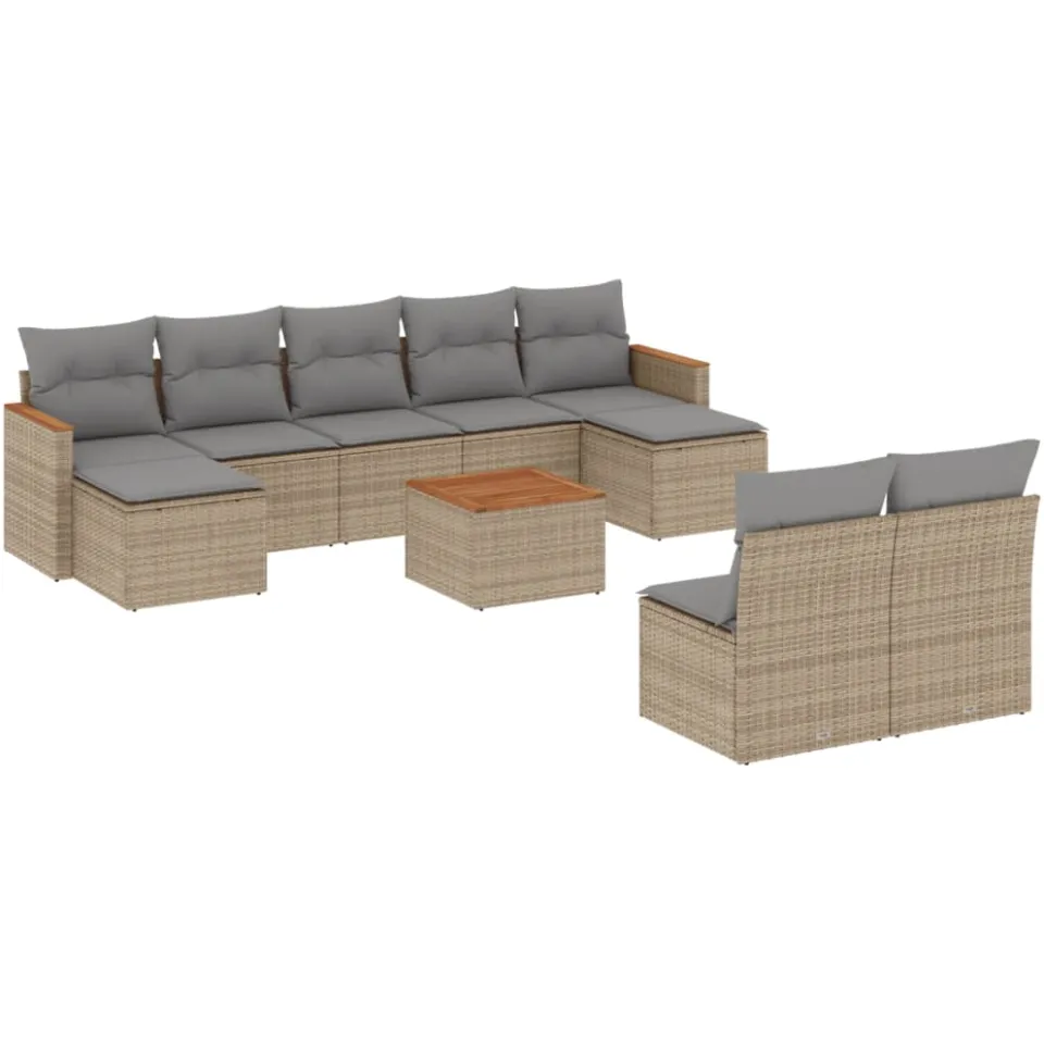 vidaXL 10-delige Loungeset met kussens poly rattan beige, foto 3