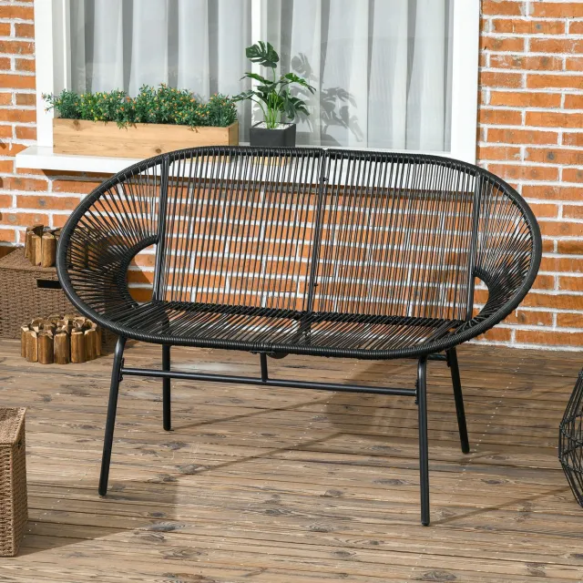 MIVRAY Zitbank 132 Cm - 2-Zits Tuinbank Met Hoge Rugleuning En Gebogen Armleuningen - Voor Terras En Balkon - PE-Rattan Zwart