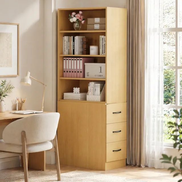 WUVRIE Boekenkast 60 x 38 x 180 cm - 4 open vakken, 3 laden en verstelbare planken - Eiken Oak