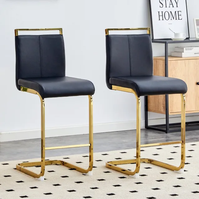 COVREO Barstoel Set van 2 - 39x46,5x96,5 cm - Zwart Lederlook met Goudkleurig Frame - Rugsteun en Voetsteun - Luxe Nordisch Design - voor Eetkamer en Restaurant Zwart en Goud