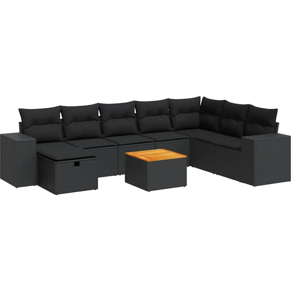 vidaXL 9-delige Loungeset met kussens poly rattan zwart, foto 3
