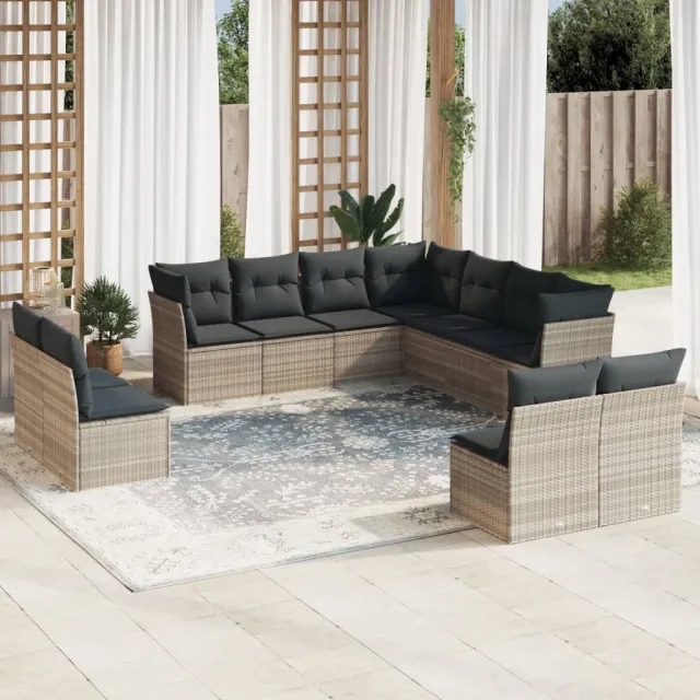 vidaXL 11-delige Loungeset met kussens poly rattan lichtgrijs grijs, foto 2