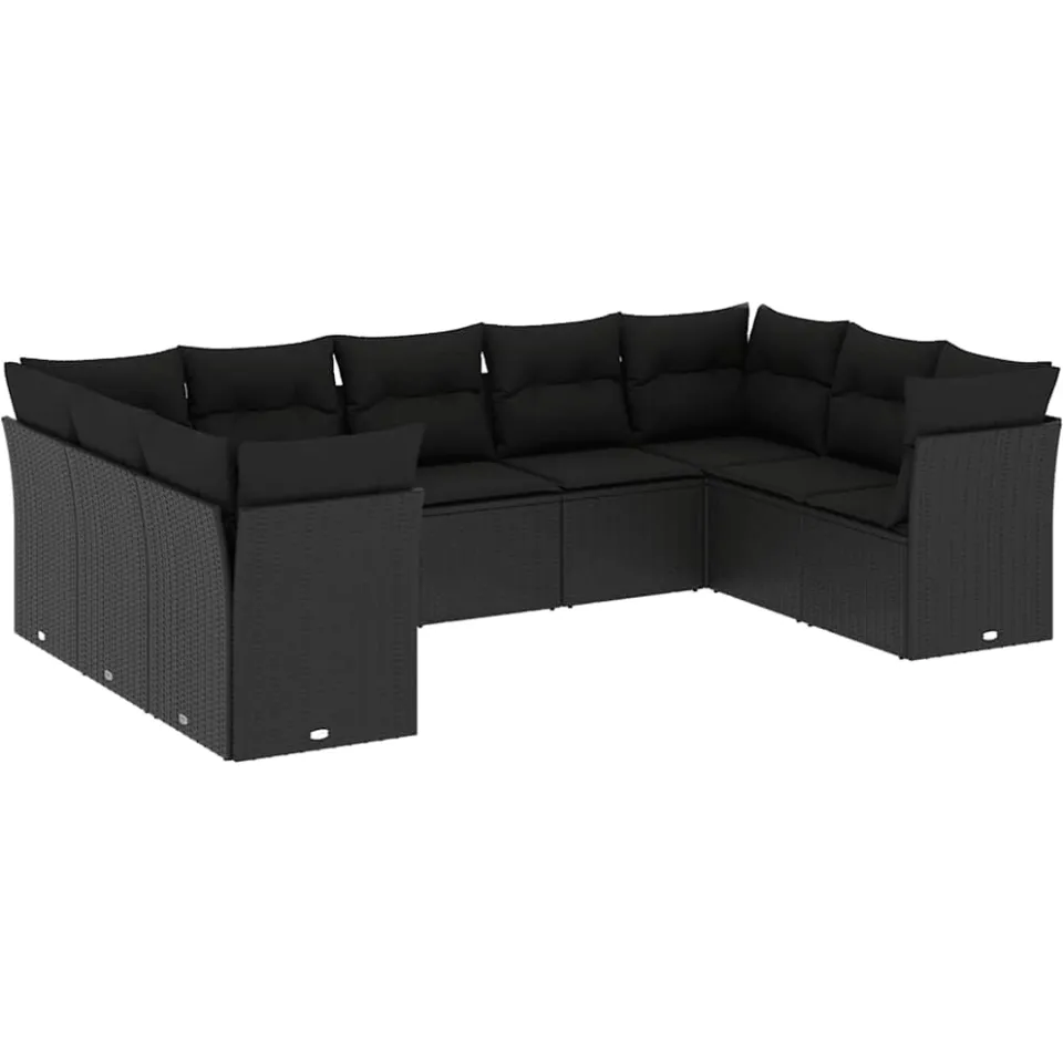 vidaXL 9-delige Loungeset met kussens poly rattan zwart, foto 3