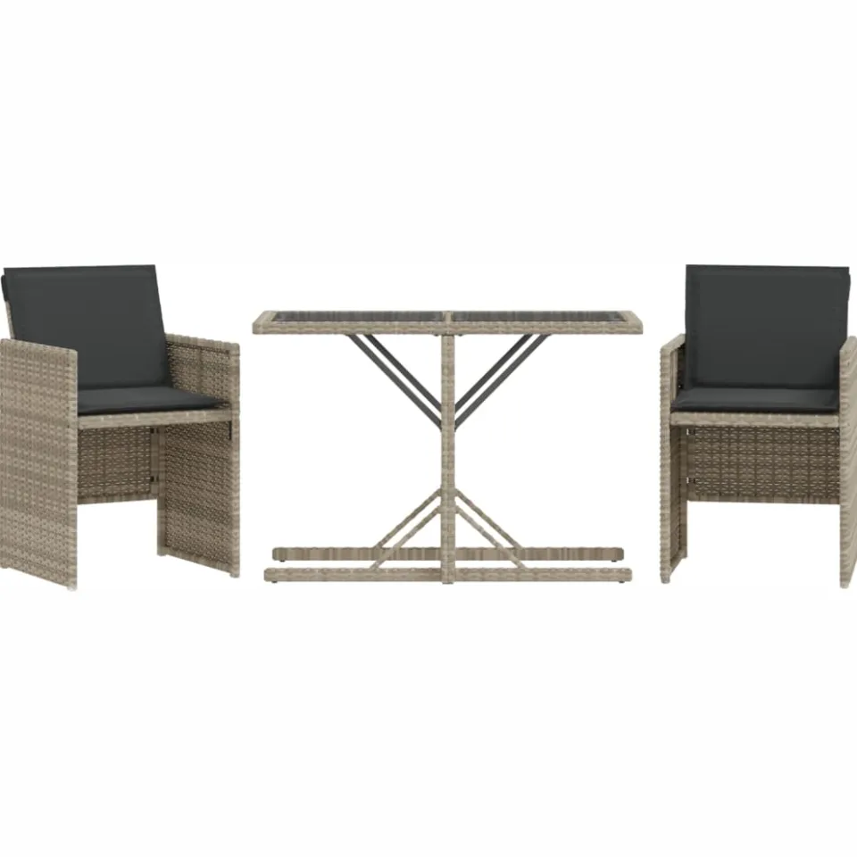 vidaXL 3-delige Bistroset met kussens poly rattan lichtgrijs