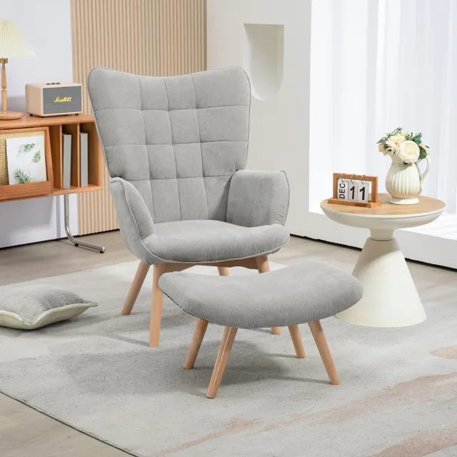 HAUSS SPOLE Fauteuil met Hocker - Gecapitonneerd met Hoge Rugleuning - voor Woonkamer en Leeshoek - Polyester met Houten Poten - Grijs