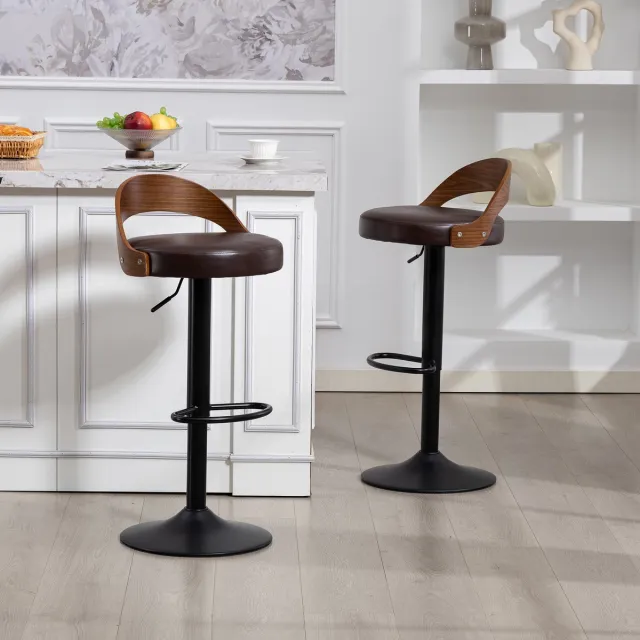 Wishdor Barkrukken Set Van 2 - 360° Draaibaar En In Hoogte Verstelbaar - Modern Minimalistisch Ontwerp Voor Keuken, Bar Of Café - PU Bekleding Met Rugleuning En Armleuningen - Bruin En Zwart - 42,5 X 42 X 77-98 Cm