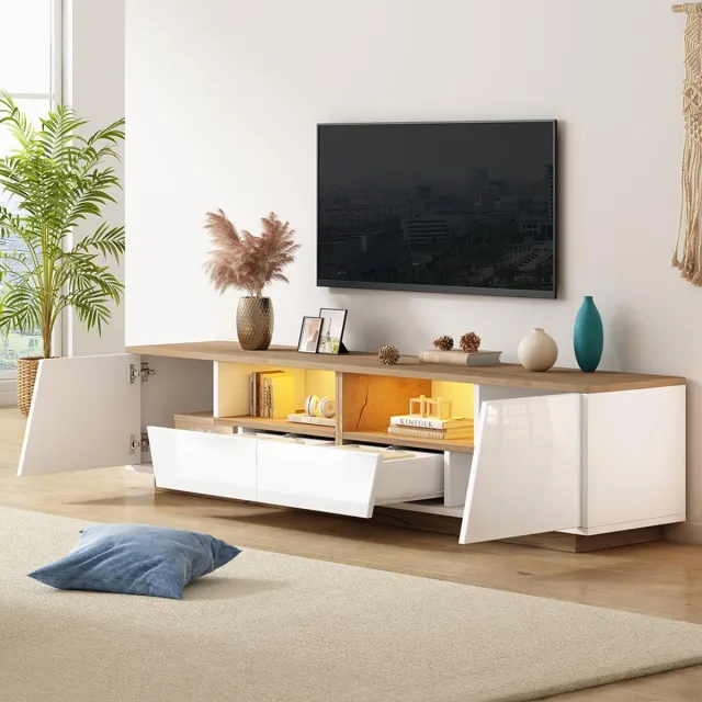 KOMHTOM BLACKCOLORS TV-meubel 180*40*46 cm met 2 lades en 2 kasten, TV-meubel met LED, glanzend ondermeubel en tv-tafel, geschikt voor tv's tot 75 inch, wit + houtkleur