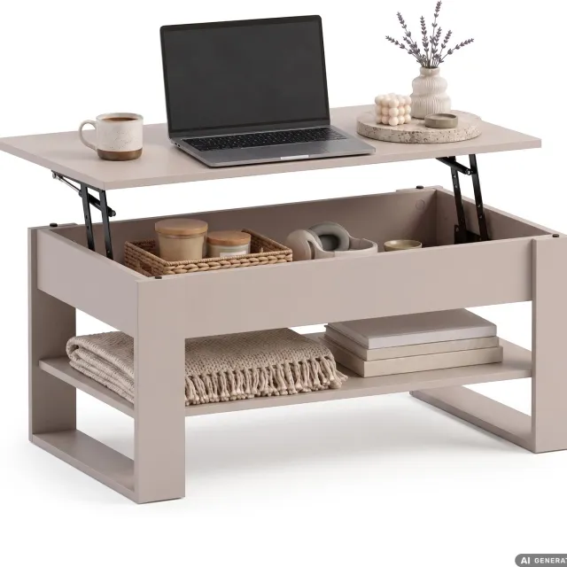 Akord Salontafel DENVER / Kasjmier / 92 cm / Liftbaar Tafelblad / Opbergvak / Kasjmier Poten / 92 x 52 x 45 cm