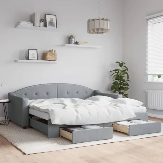 vidaXL Slaapbank met onderschuifbed en lades 90x190 cm stof lichtgrijs grijs
