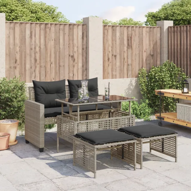 vidaXL 4-delige Loungeset met kussens poly rattan en glas lichtgrijs grijs