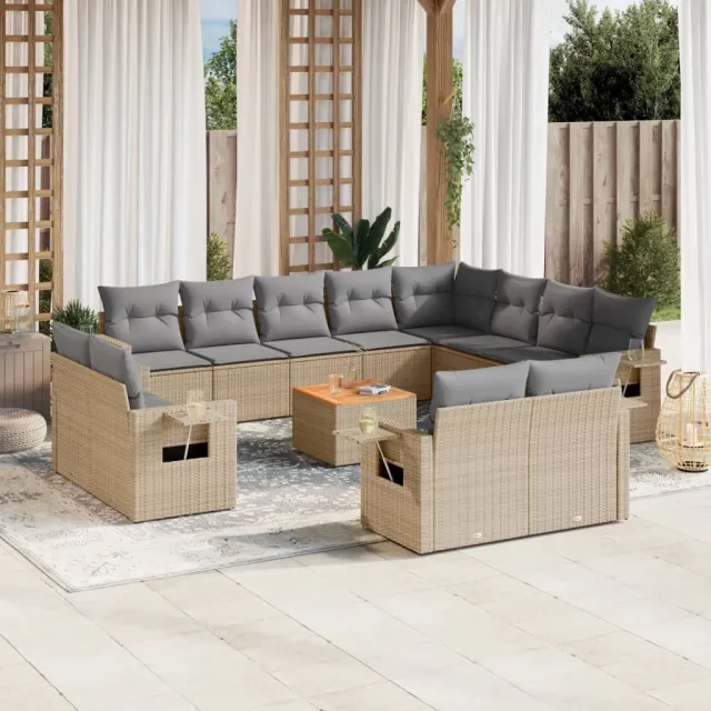vidaXL 13-delige Loungeset met kussens poly rattan gemengd beige