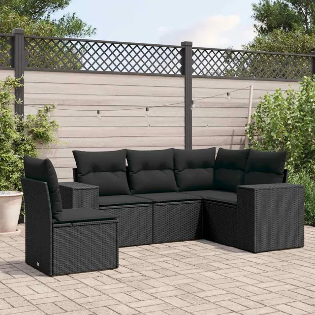 vidaXL 5-delige Loungeset met kussens poly rattan zwart, foto 2