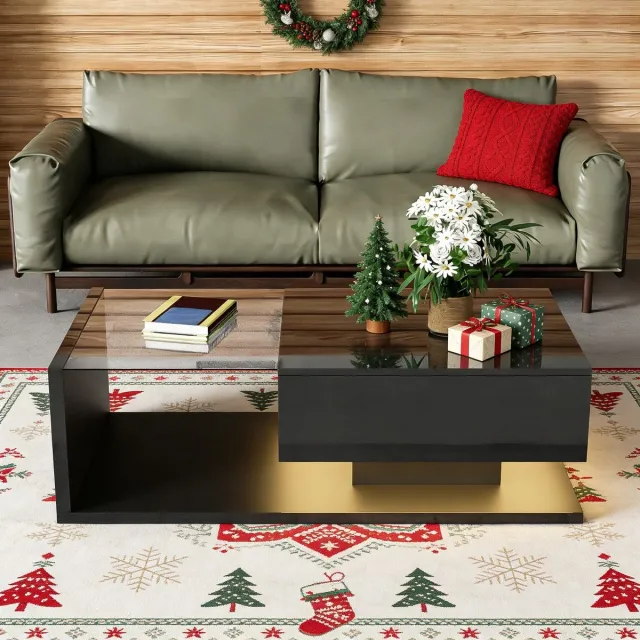 REDOM Salontafel 105x55x32,5 cm van spaanplaat en gehard glas, hoogglans zwart met instelbare 16-kleur LED