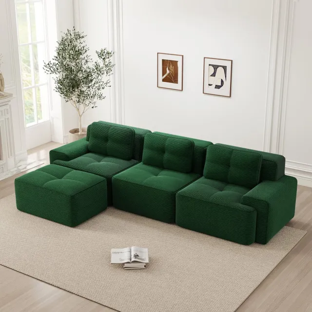 MODENUIT Hoekbank 3-Zits - Modulbank Met Ottomaan En Diepe Zitting - Voor Woonkamer - Ribstof - Groen
