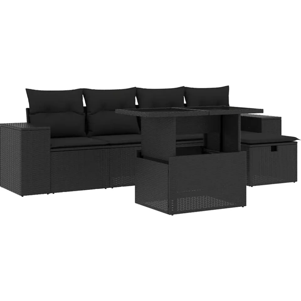 vidaXL 6-delige Loungeset met kussens poly rattan zwart, foto 3
