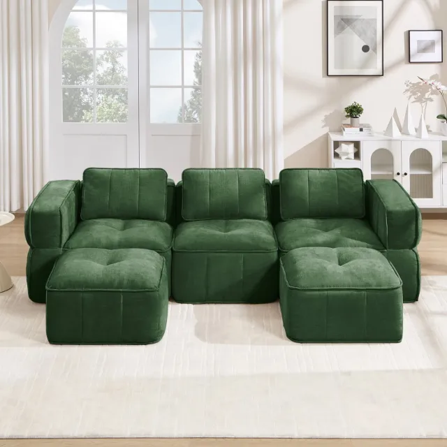 Wishdor U-bank - 3-zits modulair en flexibel ontwerp - Zonder montage inclusief 2 hockers - Comfortabel 32d schuim - Voor woonkamer en lounge - Zachte polyester stof - Groen - 271 x 162 x 67 cm Groen (met 2 ottomanes)