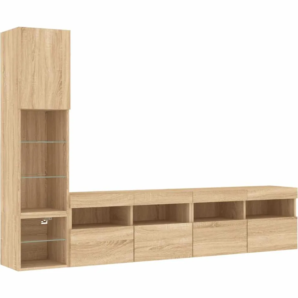 vidaXL 4-delige Tv-wandmeubelset met LED bewerkt hout sonoma eiken Bruin