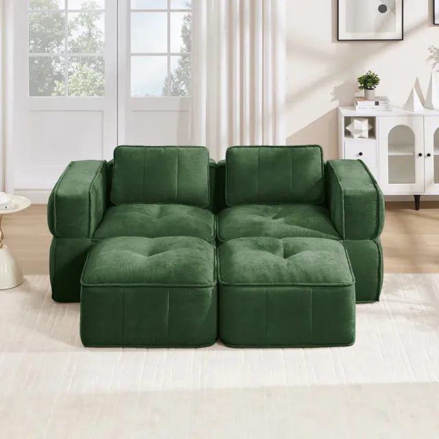 REDOM Bank - Modulaire tweezitsbank met twee hockers - 32D hoogdichtheidsschuim - Polyester bekleding - Moderne stijl - Woonkamer - Groen - 198 x 162 x 67 cm Green