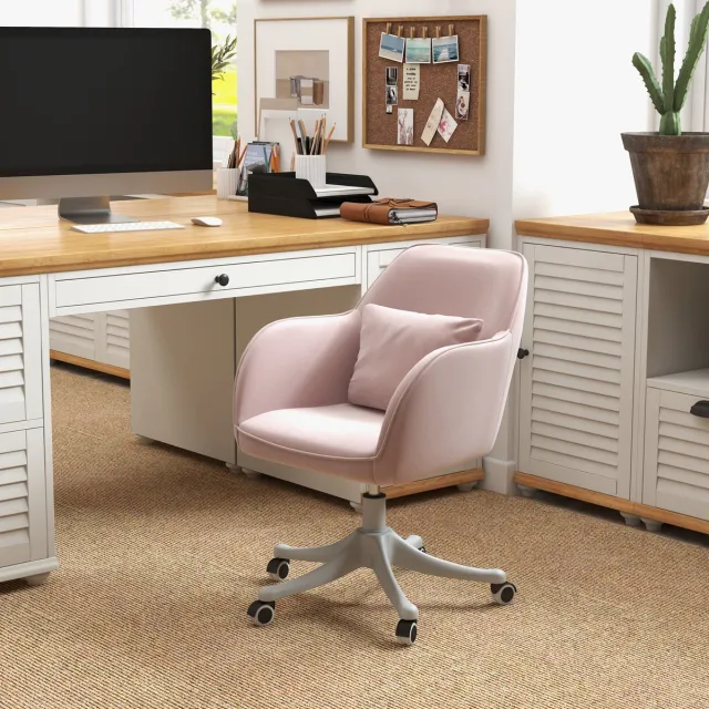 Wishdor Bureaustoel met vibratiemassage - Ergonomische rugleuning en breed zitvlak - Draaibaar met wielen - Fluweellook stof - Roze - 57 x 70 x 78-86 cm