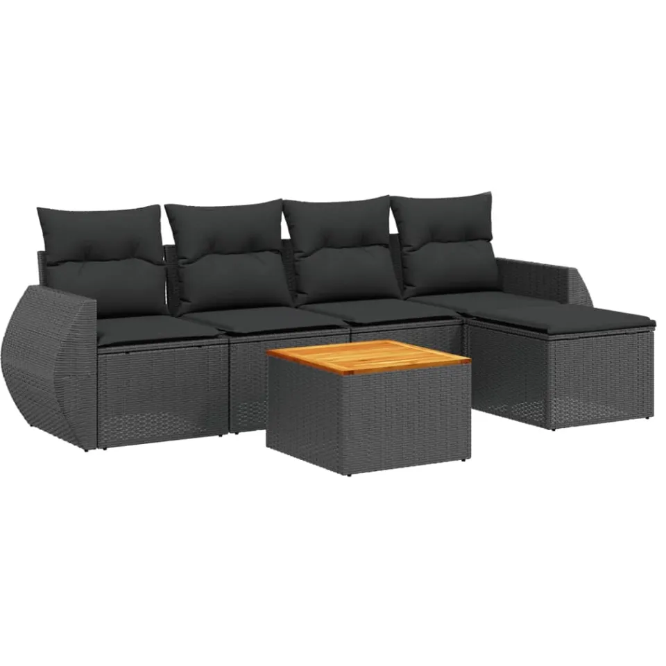 vidaXL 6-delige Loungeset met kussens poly rattan zwart, foto 3