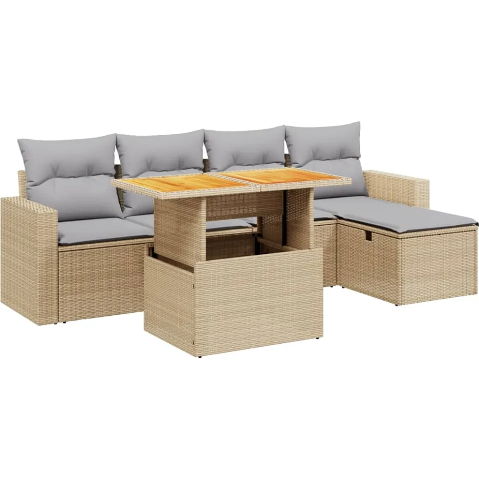 vidaXL 6-delige Loungeset met kussens poly rattan beige, foto 3