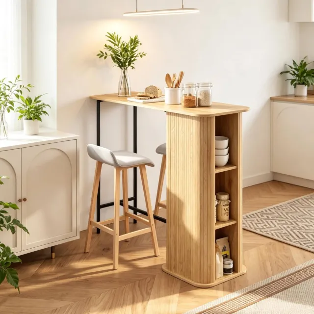 FloraGrace Bartafel - Met 3 Open Opbergvakken - Scandinavisch Design Voor Keuken En Woonruimte - Hout En Metaal - 112x50x106 Cm - Eiken Naturel hout