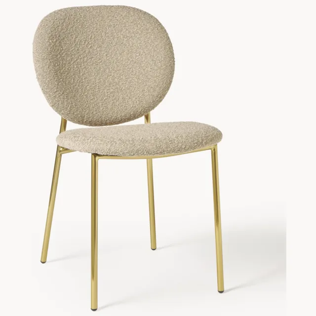 Westwing Collection Bouclé eetkamerstoelen Ulrica, 2 stuks Beige, Goudkleurig