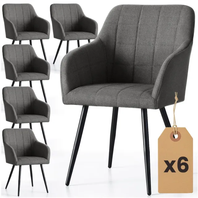 Akord Set van 6 Eetkamerstoelen LUXANO met Armleuningen / Gestoffeerde Stoelen en Metalen Poten / Lumos-stof / Antraciet met zwarte benen