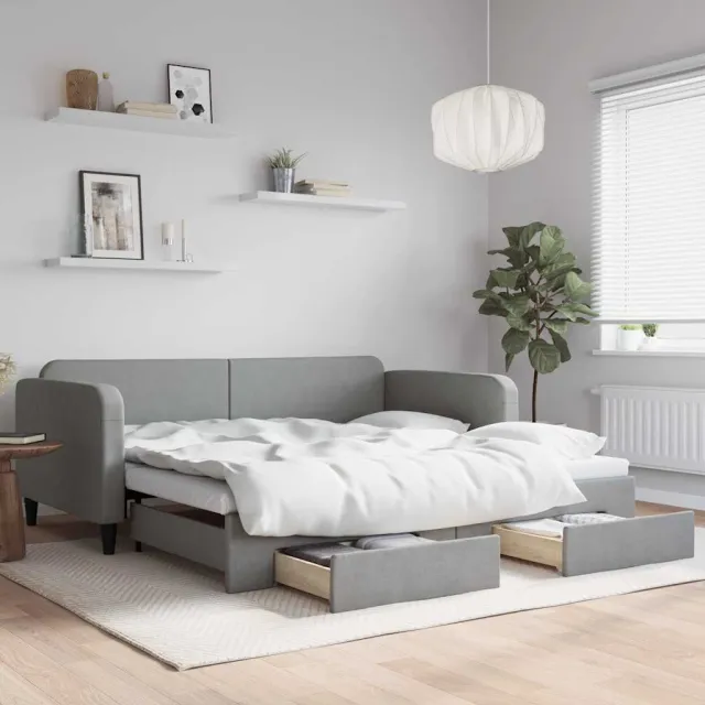 vidaXL Slaapbank met onderschuifbed lades 100x190 cm stof lichtgrijs grijs