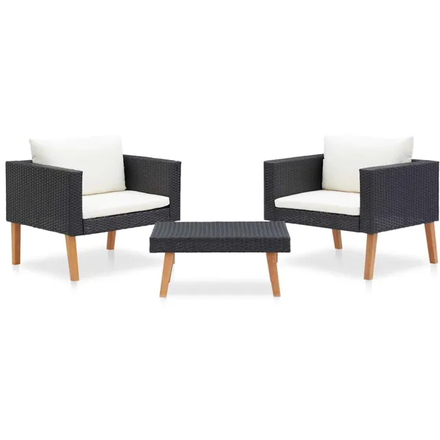 vidaXL 3-delige Loungeset met kussens poly rattan zwart