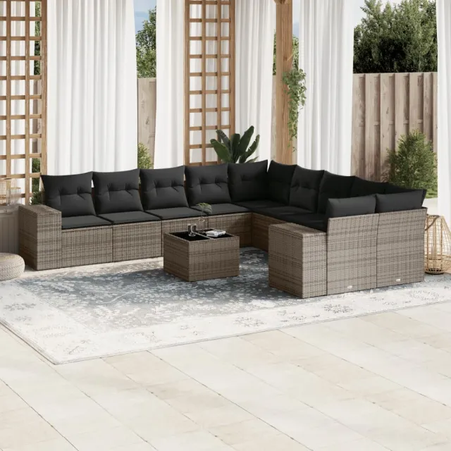 vidaXL 11-delige Loungeset met kussens poly rattan grijs, foto 2