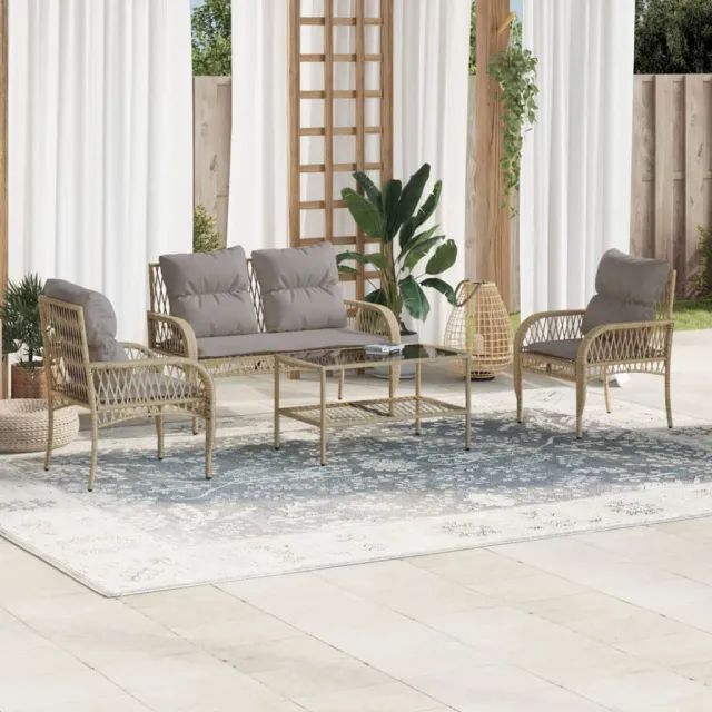 vidaXL 4-delige Loungeset met kussens poly rattan beige, foto 2