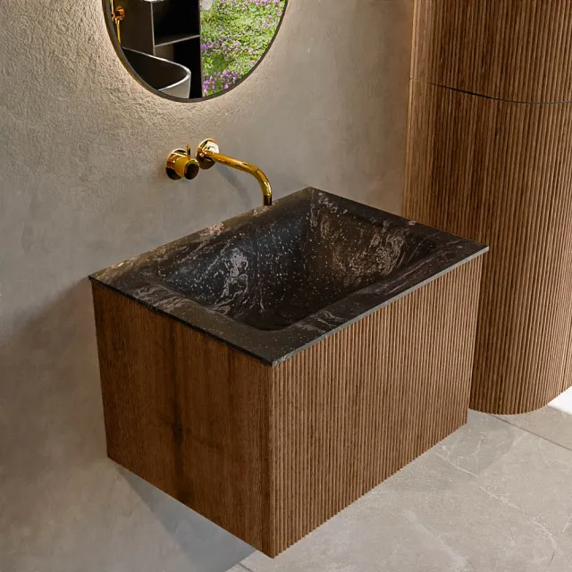 Mondiaz KURVE-DLUX 60 cm Onderkast Greeploos 1 Lade Zonder Deuren Walnut, Wastafel Solid Surface Midden Lava 0 Kraangaten Zonder Spiegel (KRVCLO601L0D0KM-Wal/Lav)