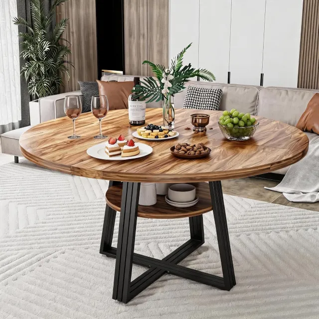 HOERFURIY Ronde eettafel 120 cm ruimtebesparend voor 4 tot 6 personen, open opbergruimte en krasbestendig bovenblad bruin