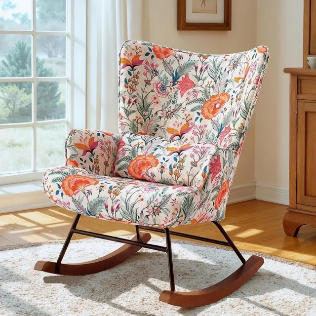Homemiyn Schommelstoel – Linnen Look Oranje Bloemen Design Rocking Chair – Warme Bloemen Fauteuil – Comfortabele Wipstoel met Hoge Rugleuning voor Woonkamer en Slaapkamer Oranje bloemenprint