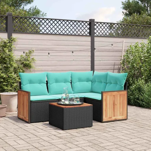 vidaXL 5-delige tuinbankset met kussens van zwart polyrotan, foto 2