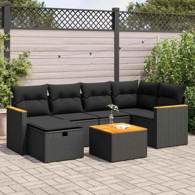 vidaXL 7-delige Loungeset met kussens poly rattan zwart, foto 2