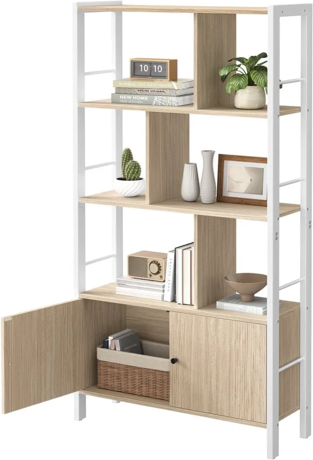 Klarven Boekenkast Beige-Wit - Boekenkastje - Boekenkasten - Bookcase - Verstelbare Planken, Kantelbeveiliging - 30x74x154,5 cm Eiken/wit