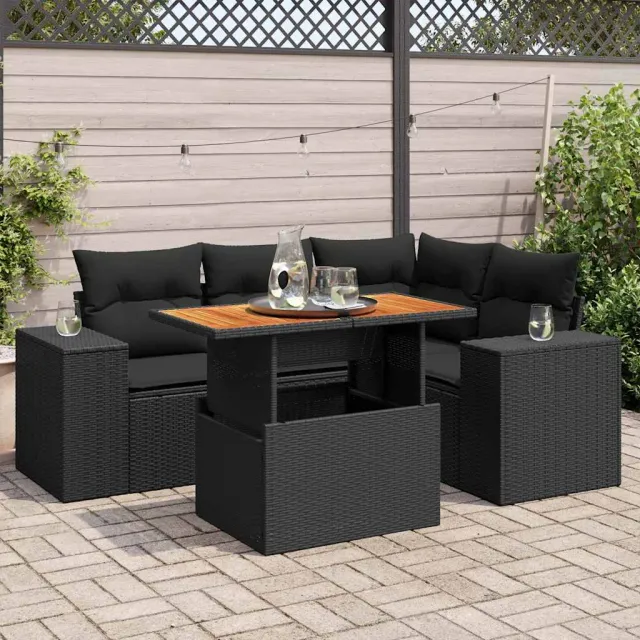vidaXL 5-delige Loungeset met kussens poly rattan zwart, foto 2