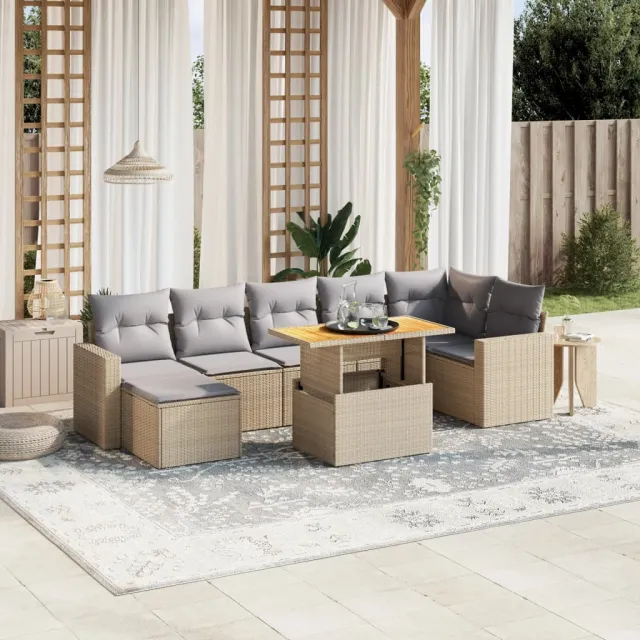 vidaXL 8-delige Loungeset met kussens poly rattan beige, foto 2