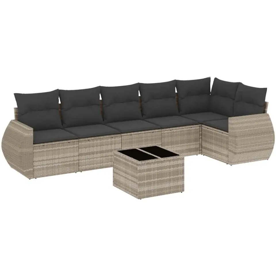 vidaXL 7-delige Loungeset met kussens poly rattan lichtgrijs grijs, foto 3