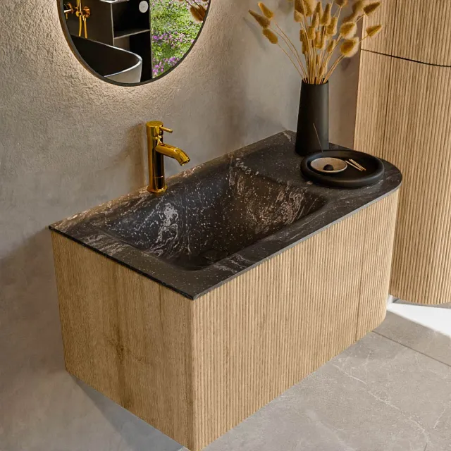 Mondiaz KURVE-DLUX 85 cm Onderkast Greeploos 1 Lade Met Deuren Oak, Wastafel Solid Surface Links Lava 1 Kraangat Zonder Spiegel (KRVCLO85R1L1D1KL-Oak/Lav)