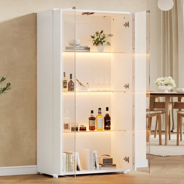MODENUIT Vitrinekast - 2 Glazen Deuren Met LED - Woonkamer - Glas en Spaanplaat - 80x36x150,5 Cm - Wit